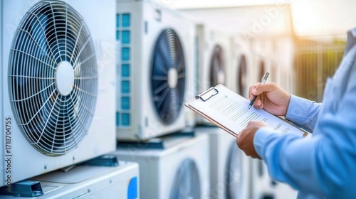 HVAC technician inspecting multiple outdoor air conditioning units, performing maintenance check on AC systems with clipboard