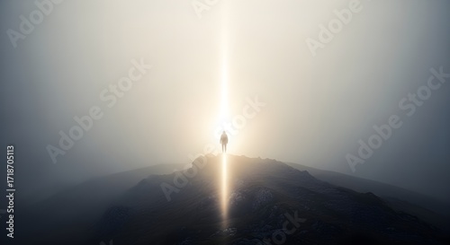 Beacon of Hope A lone figure walking towards a light in the fog