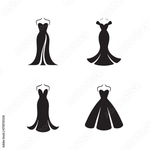 Evening gown stylish elegant fashion apparel solid icons set
