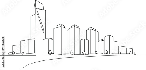 Continuous line drawing, modern city skyline, skyscrapers, urban architecture, minimalist art, travel destination, business district, cityscape illustration, contemporary buildings, metropolitan view