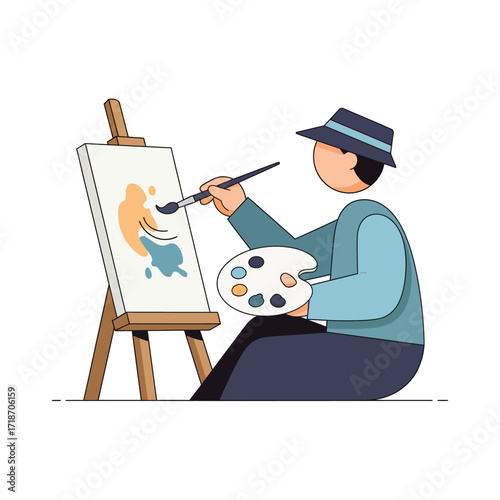 Vector Illustration of Painting Hobby – Minimalist Artist with Canvas and Brush