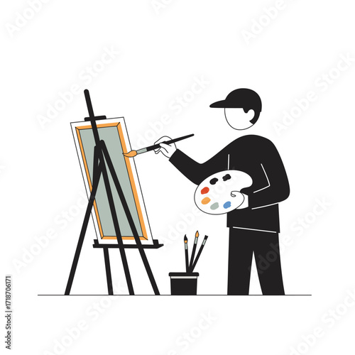 Vector Illustration of Painting Hobby – Minimalist Artist with Canvas and Brush