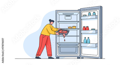 Woman putting raw meat into a refrigerator, flat-lay illustration with a clean white background, showcasing a simple, minimalist style and conveying a neutral mood.