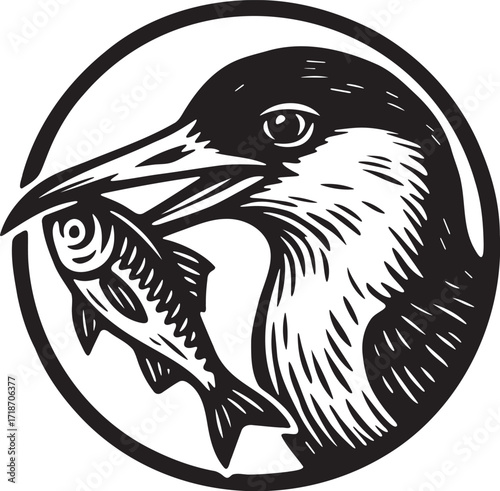 Caspian tern with fish in beak linocut circle emblem seabird illustration black and white