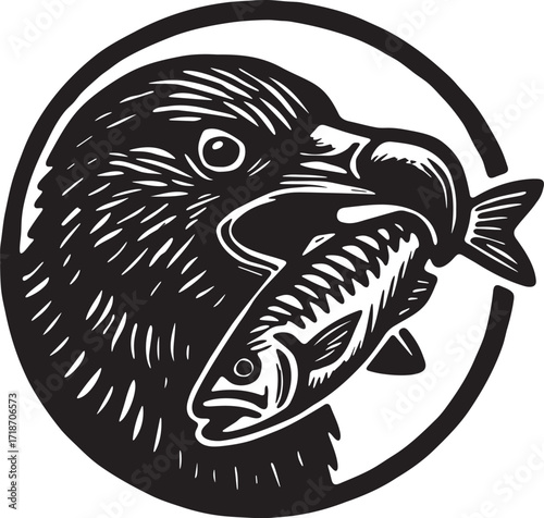 Great skua with fish in beak linocut circle emblem seabird illustration in black and white