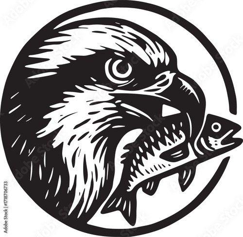 Osprey with fish in beak linocut circle emblem raptor illustration black and white wildlife badge