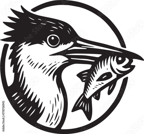 Royal tern in bold linocut style holding a freshly caught fish, circular framed marine wildlife design