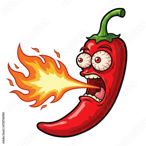 Cartoon red chili pepper breathing fire cartoon isolated on transparent background