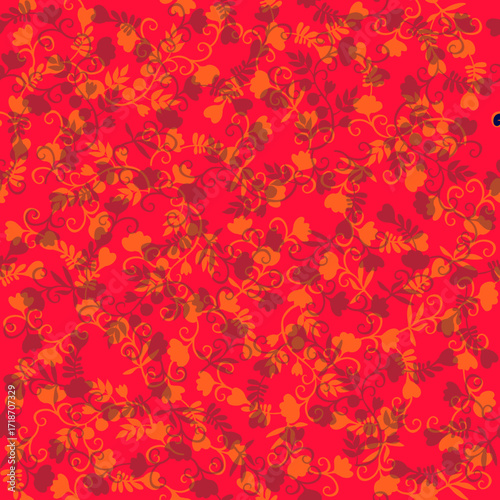 Seamless intricate floral print for fabric with twigs, berries, buds and leav...
