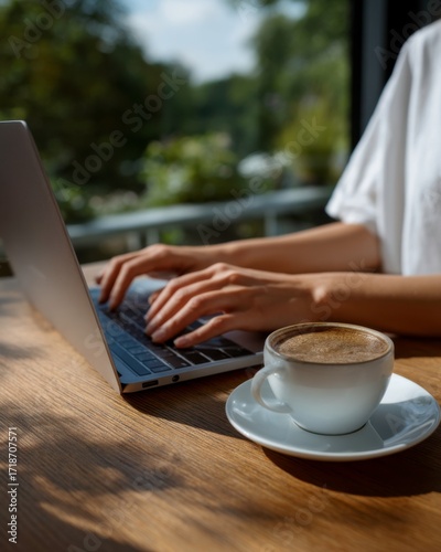Focused writing session cozy home office laptop typing with coffee natural light serene workspace intimate close-up perspective
