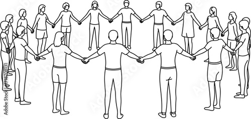 Continuous line drawing, group of people holding hands in circle, unity concept, teamwork, community support, minimalist art, friendship, solidarity, cooperation, togetherness illustration