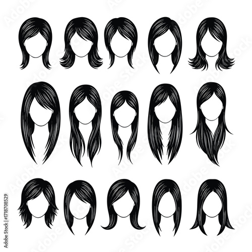 A collection of black and white illustrated female hairstyles with various lengths and styles including bobs long hair and bangs on faceless heads.
