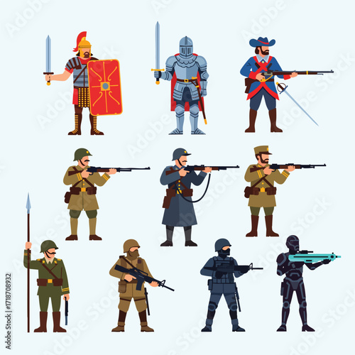 A collection of historical and futuristic soldiers showing the evolution of military warriors and their equipment.
