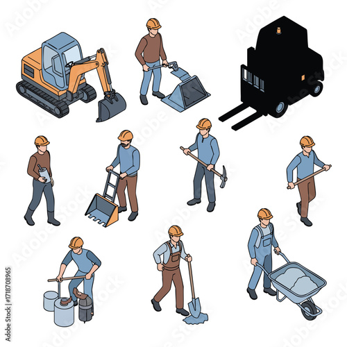 A collection of isometric illustrations featuring construction workers builders and heavy equipment.