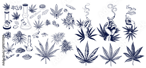 Set of hand drawn cannabis leaves, bong, smoking pipes. Design element