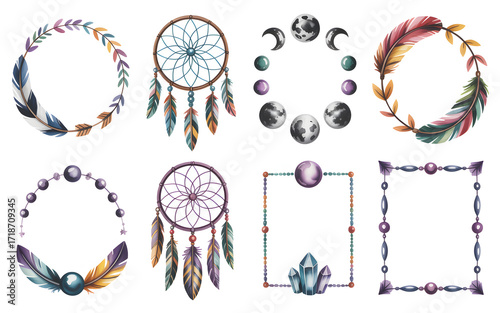 Watercolor Dreamcatchers and Frames Collection Artistic Feather Wreaths and Moon Phases for Creative Design Projects and Spiritual Art Illustrations