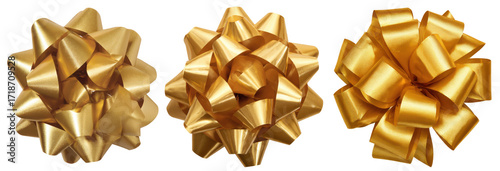 Shiny golden bow and ribbon decoration isolated on a white background for gift wrapping a present for a celebration or holiday like Christmas or a birthday