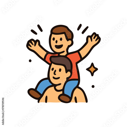 Happy moments captured as a father happily smiles carrying his son on his shoulders.