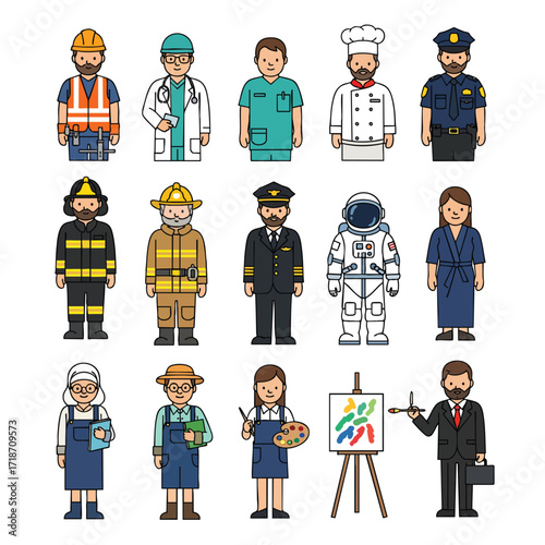 A diverse collection of cartoon character avatars representing various professions and occupations.