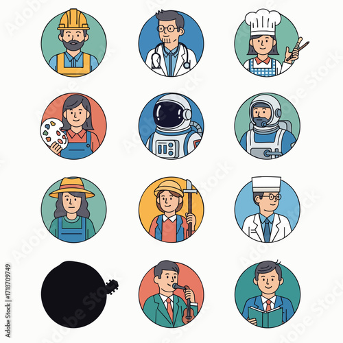 A diverse collection of circular cartoon icons representing various professions like doctor astronaut chef and artist.