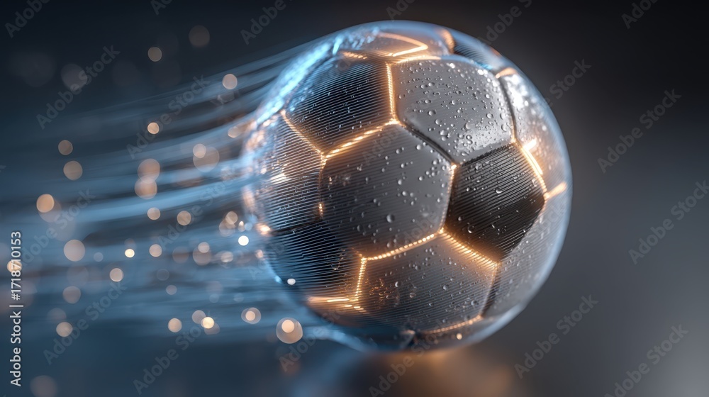 Naklejka premium A glowing soccer ball with water droplets zooms forward, leaving a trail of light and blurred motion effects on a dark background.