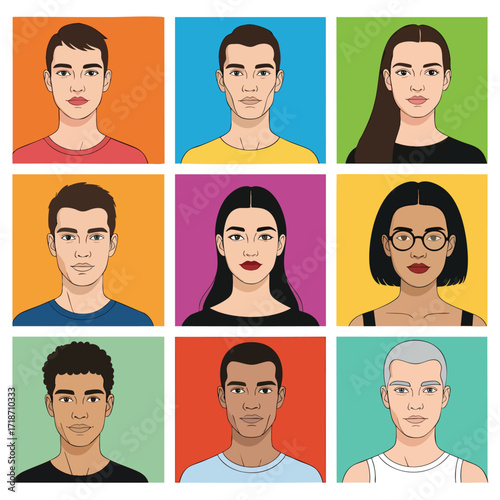 A diverse collection of illustrated human portraits of men and women in a colorful grid layout.