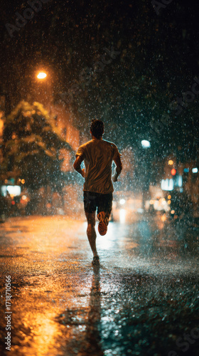 Male runner running while raining at night