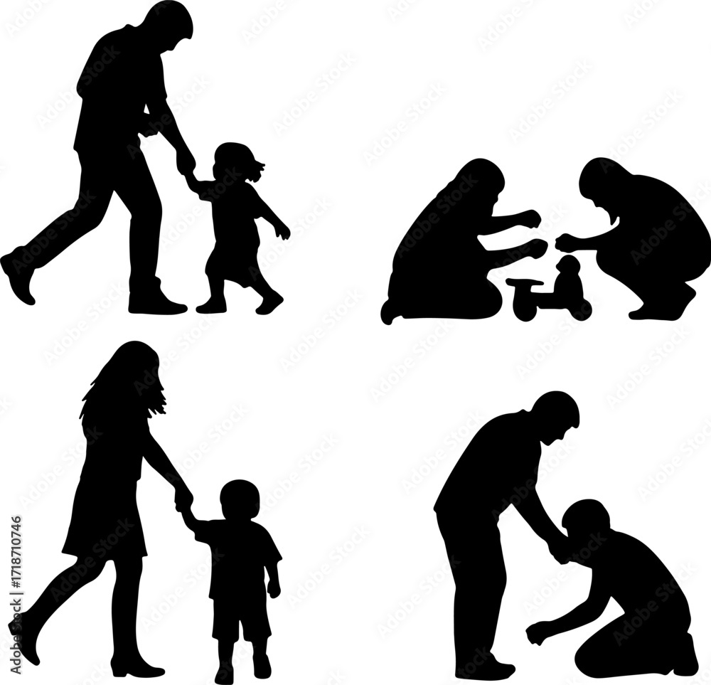 Obraz premium silhouette family dad mom son daughter postures family in black shapes graphic element monochrome color on white background