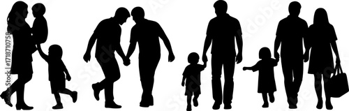 silhouette family dad mom son daughter postures family in black shapes monochrome color on white background