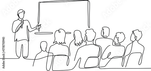 Continuous line drawing, speaker presenting to audience, classroom scene, education concept, public speaking, minimalist art, communication, lecture, training session, professional event illustration