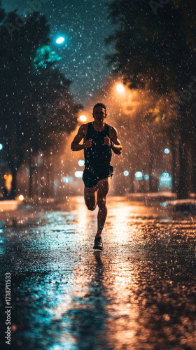 Male runner running while raining at night