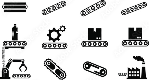 Conveyor belt factory automation process line manufacturing icons editable