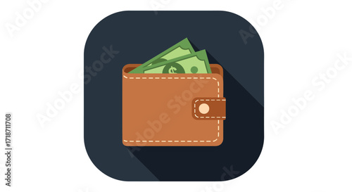 Flat lay image of a brown leather wallet containing dollar bills, a simple illustration against a dark background with a minimalist design conveying a secure and