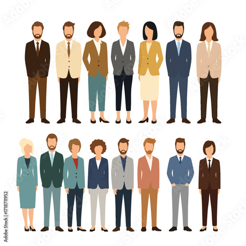 A diverse group of business people characters in a flat design style standing in two rows.