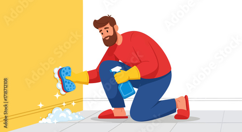 Man cleaning baseboard with sponge and spray bottle, illustrated vector, flat style, bright color palette, indoor setting.
