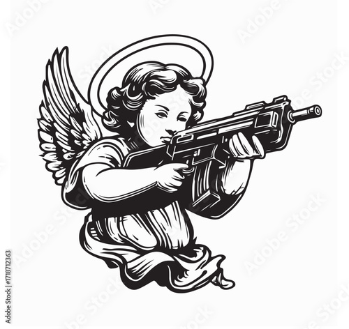 Angel with Wings Flying Aiming Gun Vector Illustration on white background