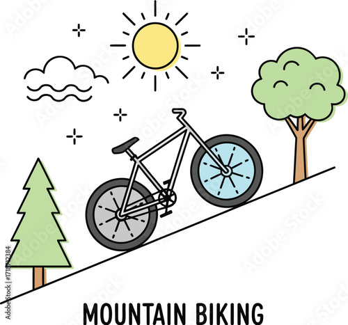 Mountain biking adventure outdoors bicycle trail nature scene sun editable