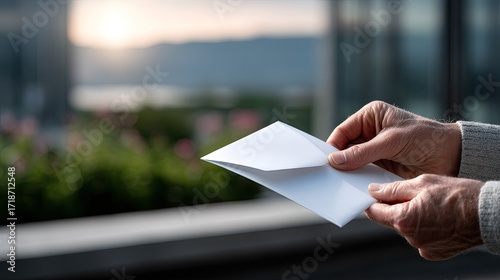 Close Up of Hands Folding White Paper Outside with Blurred Cityscape Background and Natural Sunlight