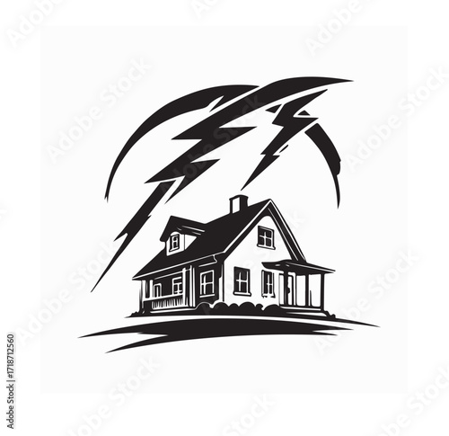 Lightning Strike Above House Vector Illustration with Dramatic Storm Effect