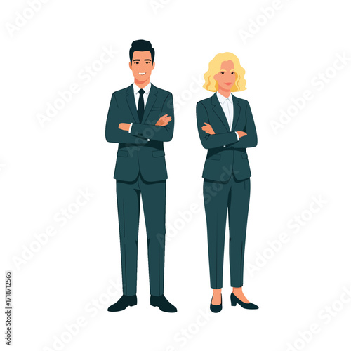 A professional businessman and businesswoman standing together with arms crossed in formal dark suits.