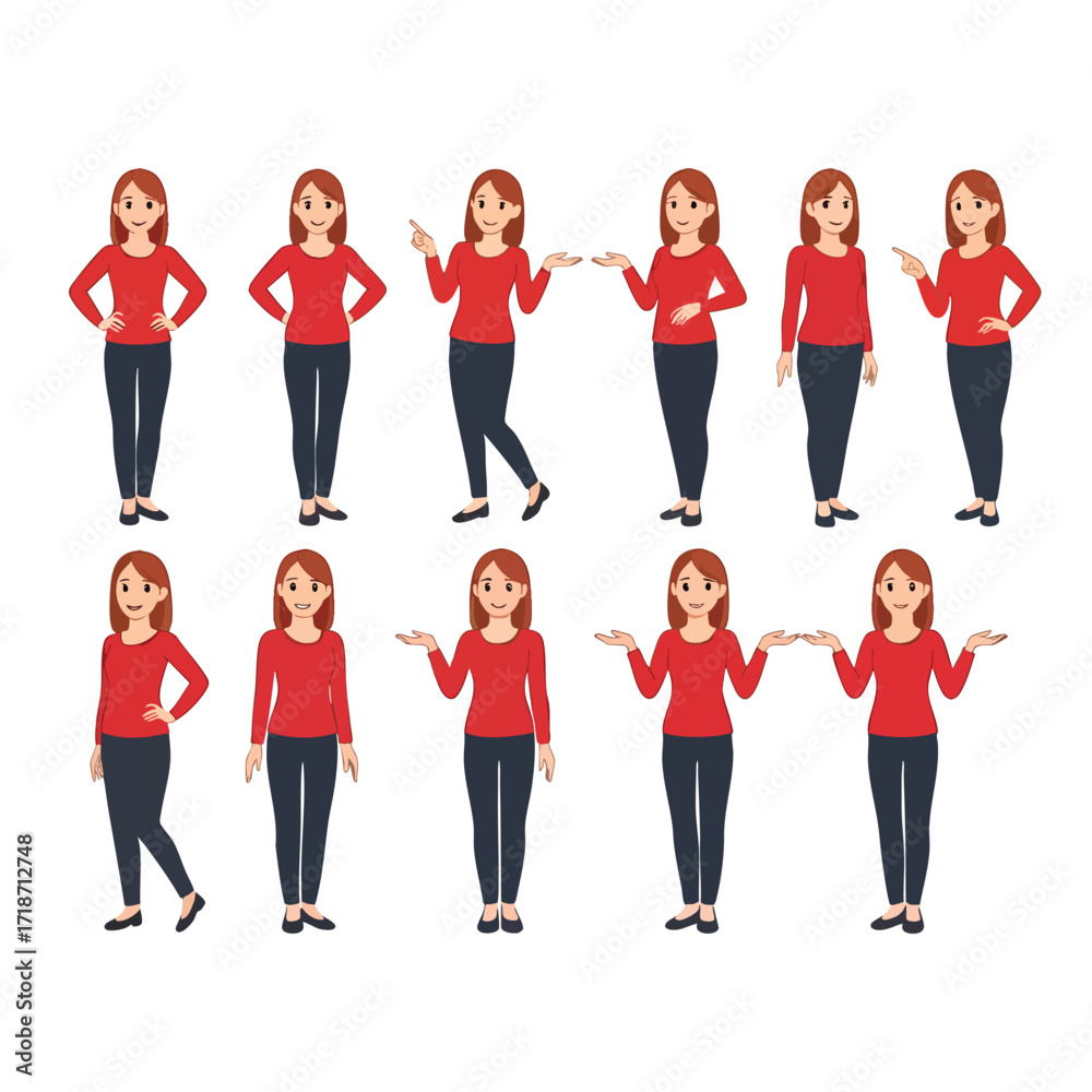 Obraz premium A set of a young cartoon woman in a red shirt and dark pants shown in various poses and gestures.
