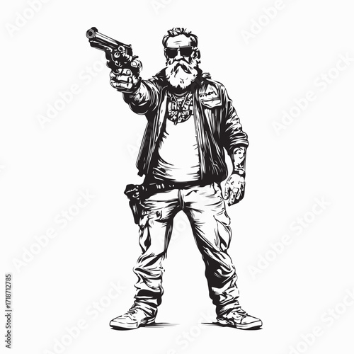 Bearded Gray Haired Man Wearing Jacket Pointing Gun Vector Illustration