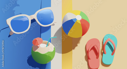 Summer Beach Essentials: Sunglasses, Ball, Drink & Flip-flops