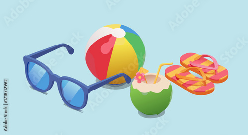 Wallpaper Mural Summer Beach Essentials: Sunglasses, Ball, Coconut, Flip-flops summer Torontodigital.ca