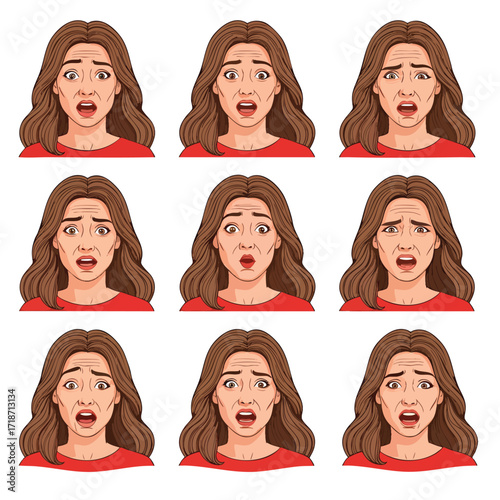 A set of nine illustrations showing a woman with brown hair expressing various emotions of fear shock and horror.