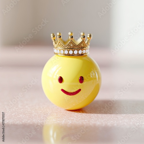 Close Up of Cartoon 3D Emoji Face with Golden Crown on White Background