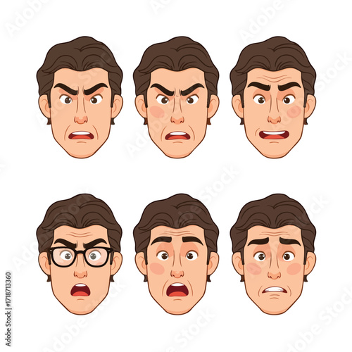 A set of six cartoon male facial expressions showing anger shock surprise and fear.