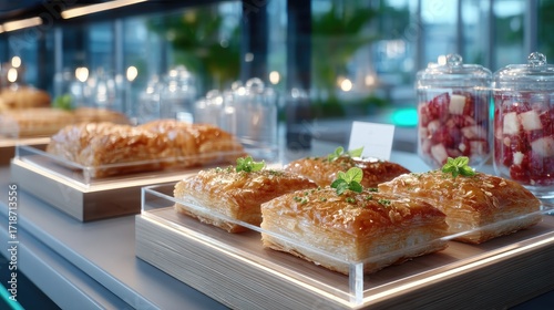 Close Up of Golden Baklava Displayed in a Modern Pastry Showcase with Geometric Trays and Urban Background