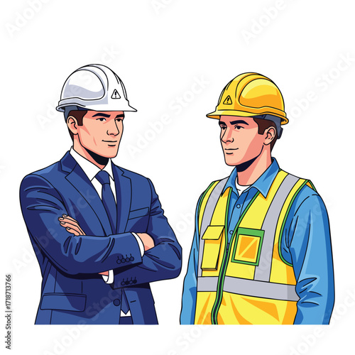 An engineer in a business suit and a construction worker in a safety vest wearing hard hats.