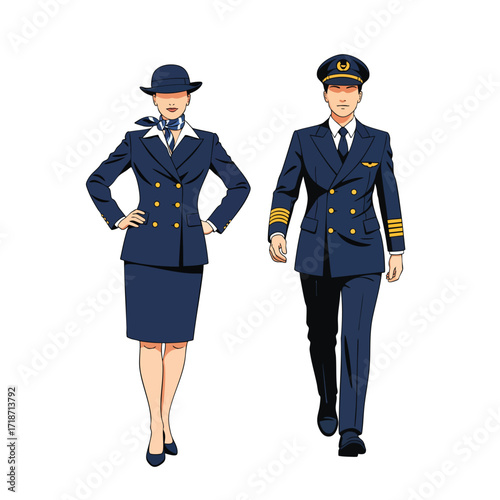 An illustrated male pilot and female flight attendant standing together in their professional airline uniforms.